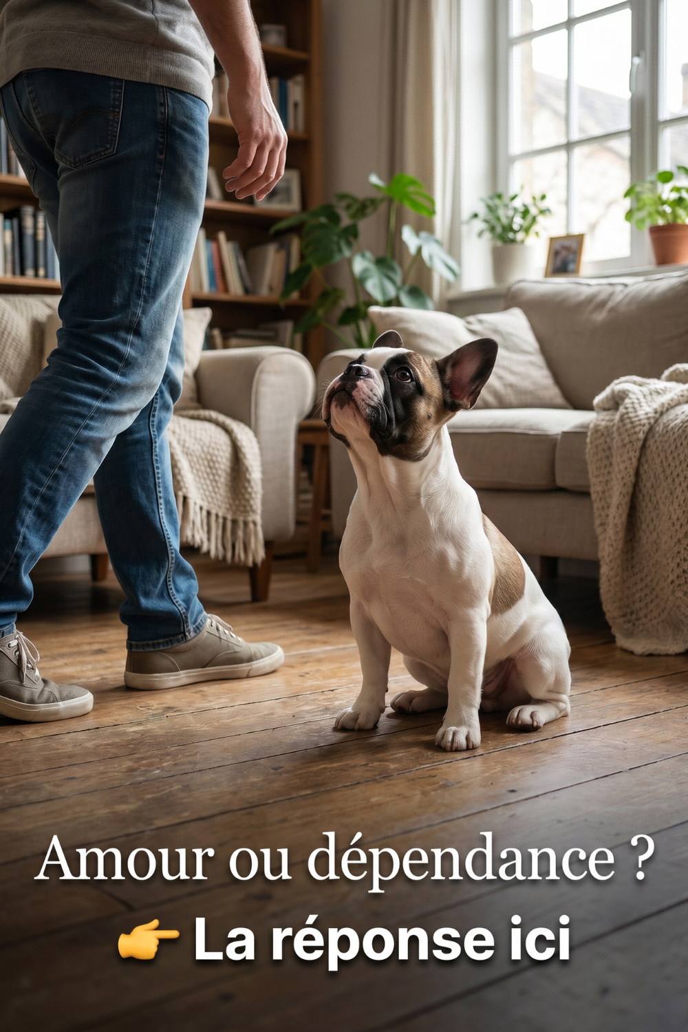 Chien suivant son propriétaire dans une maison lumineuse, illustration d'un article expliquant pourquoi les chiens suivent leur humain partout.