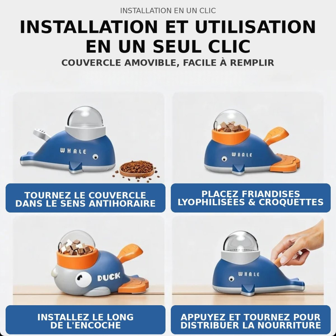 Mode d'emploi du distributeur de croquettes  baleine bleue 