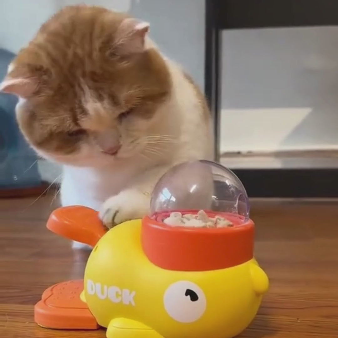 Chat jouant avec son distributeur de croquette canard jaune